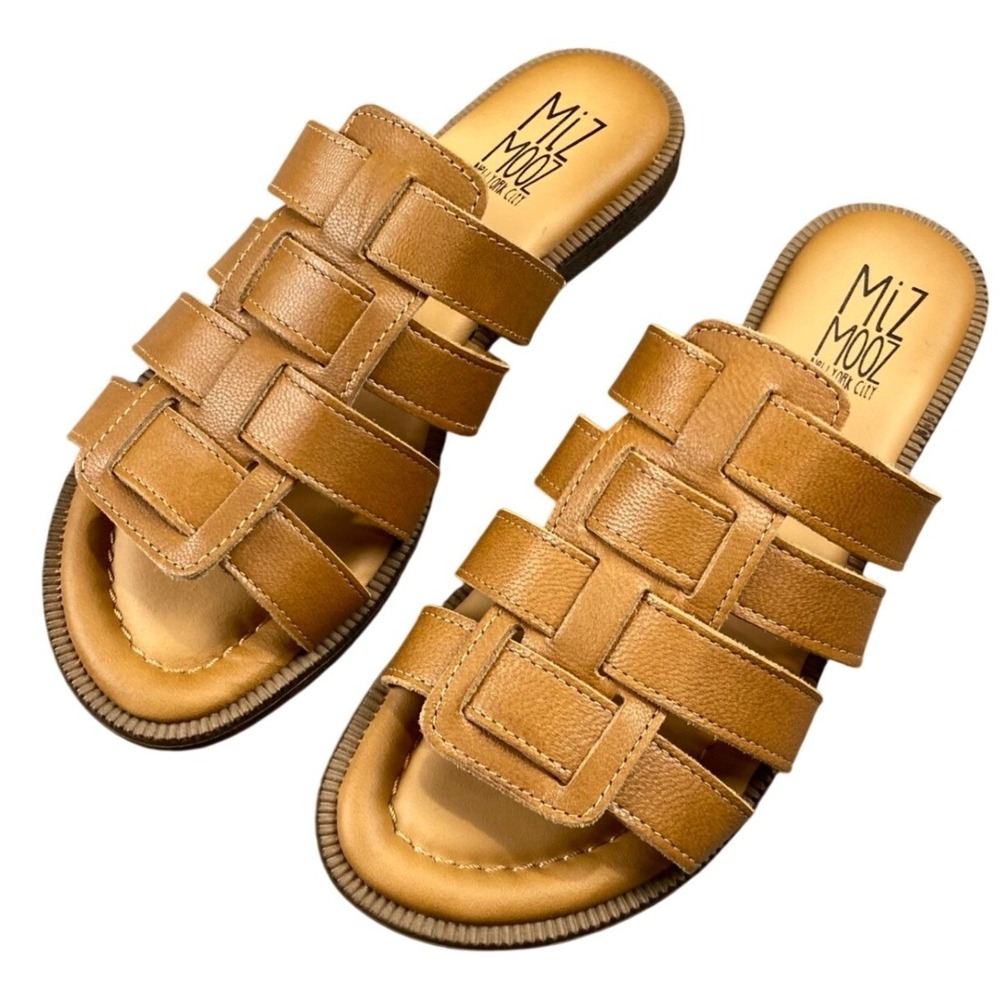 Miz Mooz Womens 37 Tan Brown Leather Slide Sandals Strappy PRIMM Comfort Shoes